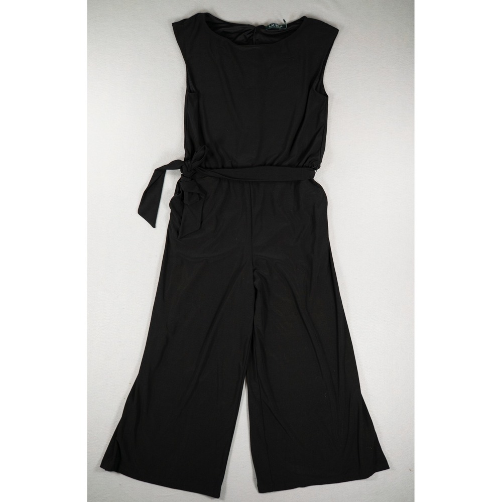 Lauren Ralph Lauren Womens Jumpsuit M Sleeveless Wide Leg Belted Black Stretch